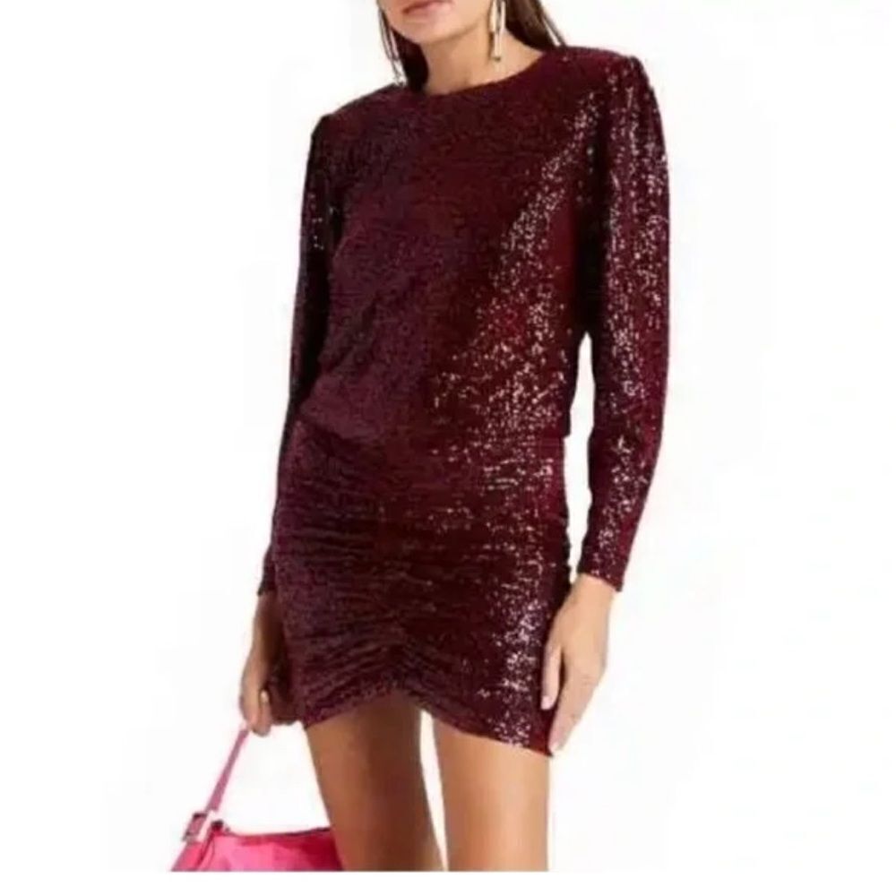 Retrofete Flynn Burgundy Sequined Long Sleeve Mini Dress| Size L